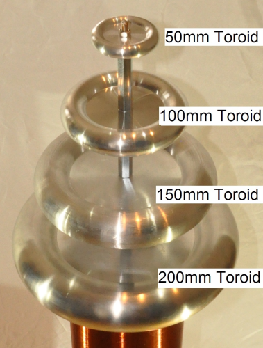 Toroid Set 50mm + 100mm + 150mm + 200mm, Top Load electrode SSTC Teslaspule