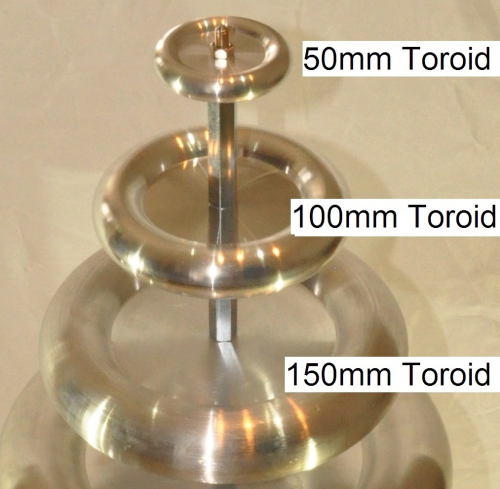 Toroid Set 50mm + 100mm + 150mm, Top Load electrode SSTC Teslatrafo Teslaspule